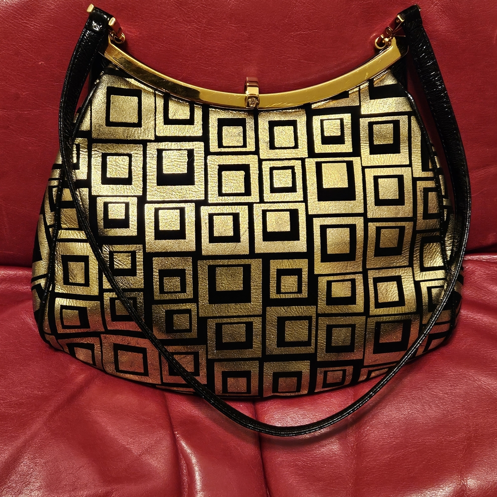Striking Designer-inspired Gold & Black Geometric Evening Shoulder Bag